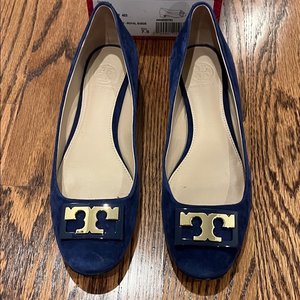 Tory Burch Navy Suede Flats with Gold Accents